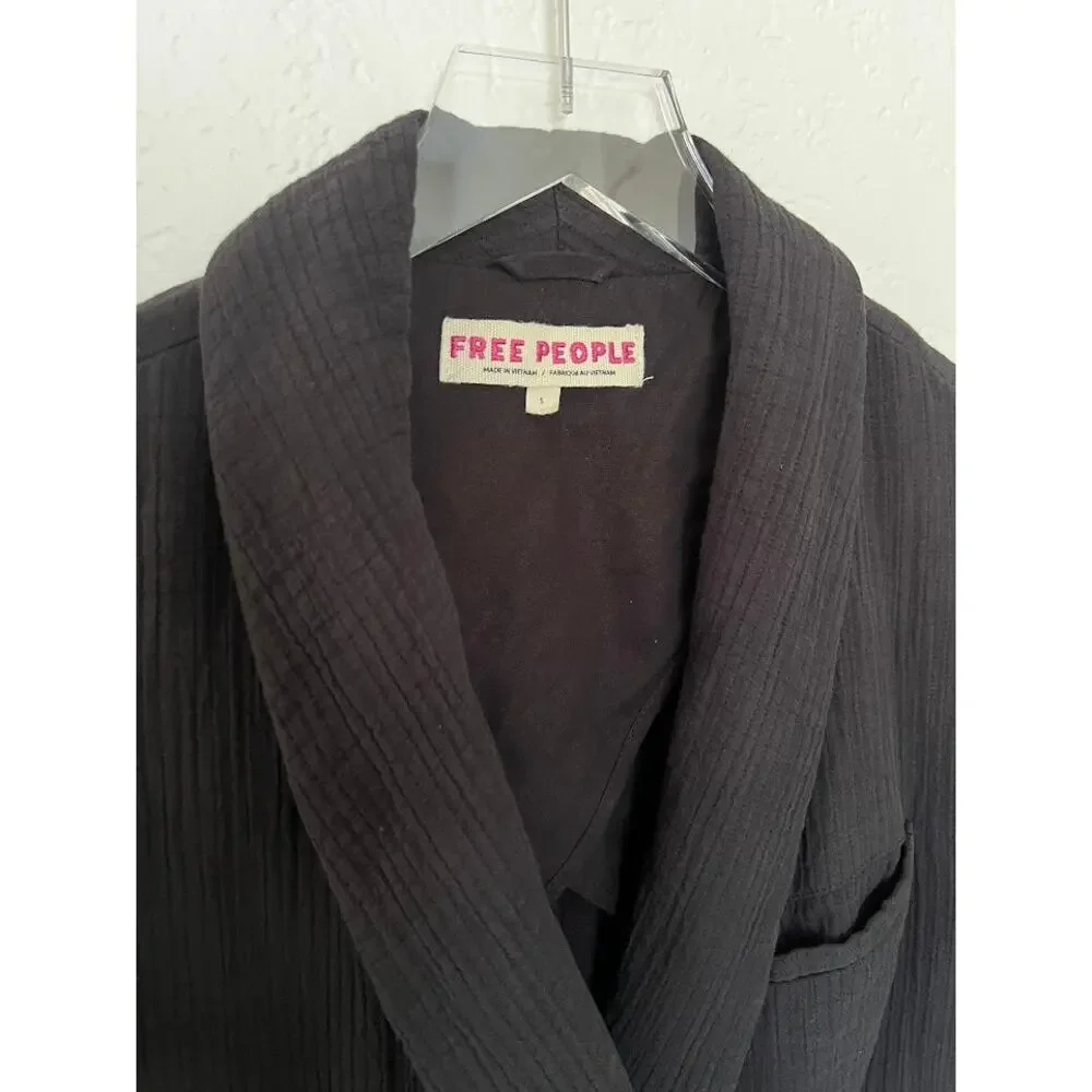 Free People Cotton Gauze Double Breasted Relaxed Blazer S Black Career Jacket